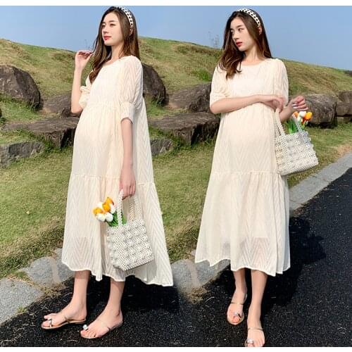 8070# Summer Korean Fashion Maternity Long Dress Elegant A Line Loose Clothes for Pregannt Women Pregnancy Clothing