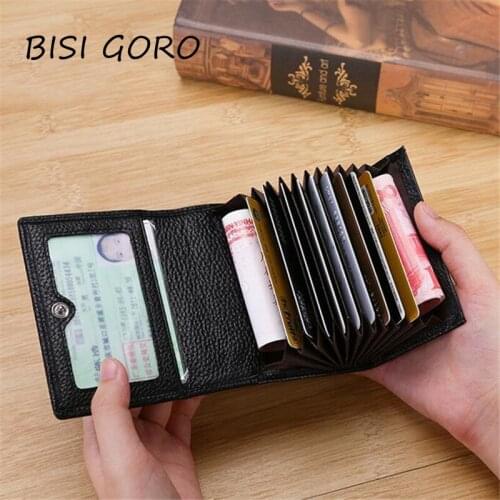 Bisi Goro Cowhide Credit Card Bag Multi Card Brand Genuine Leather Purse Card Bag Zipper Coin Purse Men Short Slim Male Wallet