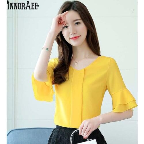 2018 Womens Blouses Summer Flare Sleeve Chiffon Blouse Shirt Women Tops Ladies Work Wear Office Blusa Feminina Shirts NS3929