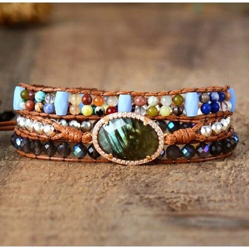 New Women Charm Bracelets Femme Colorful Stones Labradorite 3 Layers Vegan Wrap Bracelets Multilayers Beads Bracelet