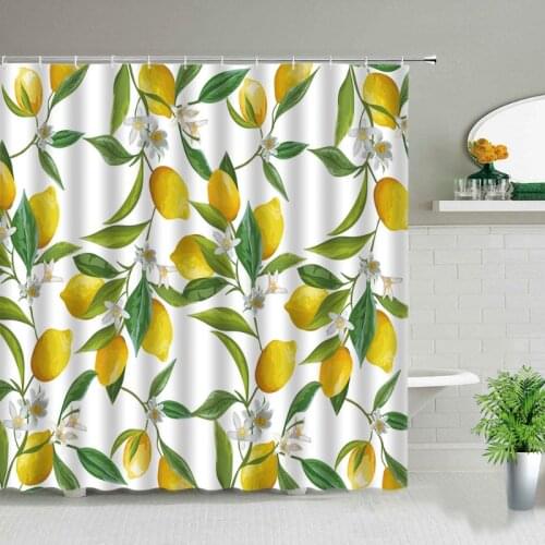 Exotic Yellow Lemon Blossom Green Leaf Pattern Printing Waterproof Bathroom Decoration Shower Curtain