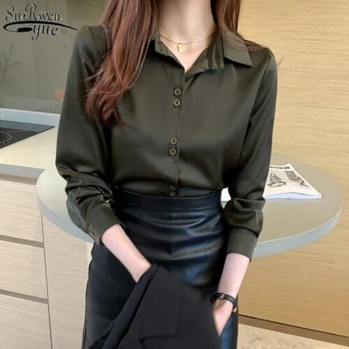 Elegant Office Lady Womens Shirt Fashion Satin Shirts Vintage Long Sleeve Blouse Single Breasted Women Tops and Blouses 11503