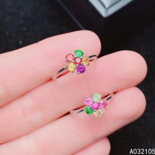 KJJEAXCMY fine jewelry 925 sterling silver inlaid Natural Tourmaline women fresh popular flower adjustable gem ring support dete