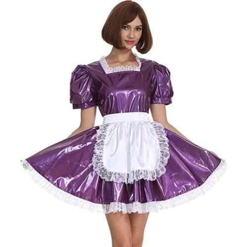 Plus Size Sweet Lolita A-line Mini Dress Ladies Elegant Lace Trim Maid Cosplay Uniform Shiny PVC Short Sleeve Pleated Dress