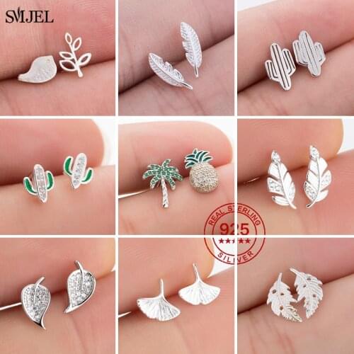Real 925 Sterling Silver Earring Women Kids Jewelry Bohemian Branch Leaves Cactus Coconut Tree Feather Earing Leaf Studs Girls