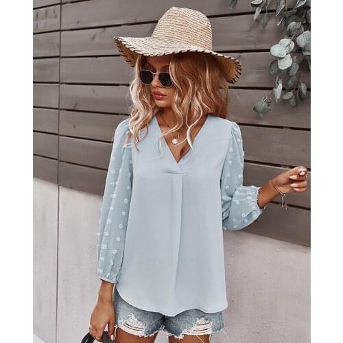 Shirts Women V Neck Solid Color Long Sleeve Casual Fashion Blouses Splicing Elegant Tops Loose Pullovers Spring Autumn Boho New