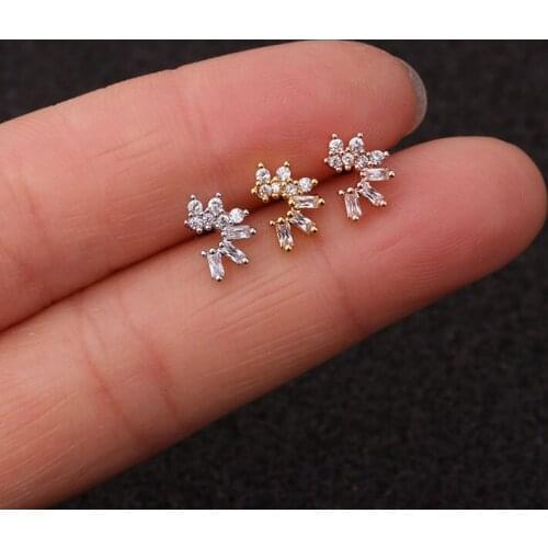 1 PCS Cute Small C Shape Micro Pave CZ Ear Bone Cuff Stud Earring Simple Gold Color Stainless Steel Bar Ball Piercing Ears