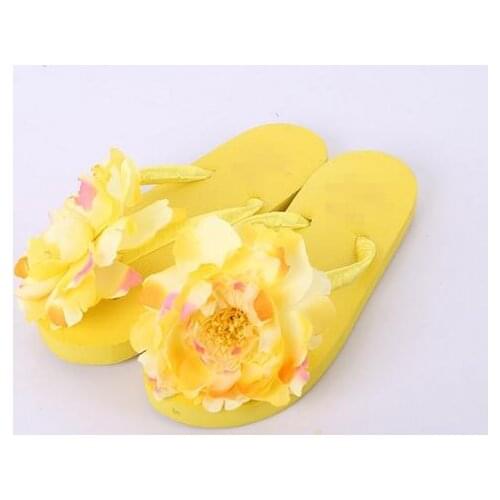 Summer Sweet Girls Slippers Yellow Camellia Women Beach Flip Flops Flat Flowers Flip Flops Beach Slippers