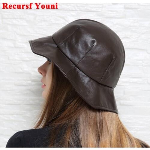 Winter Genuine Leather Hat For Women Korean British Bud Shape Big Brim Basin Caps Japanese Female White Fisherman Top Fedoras