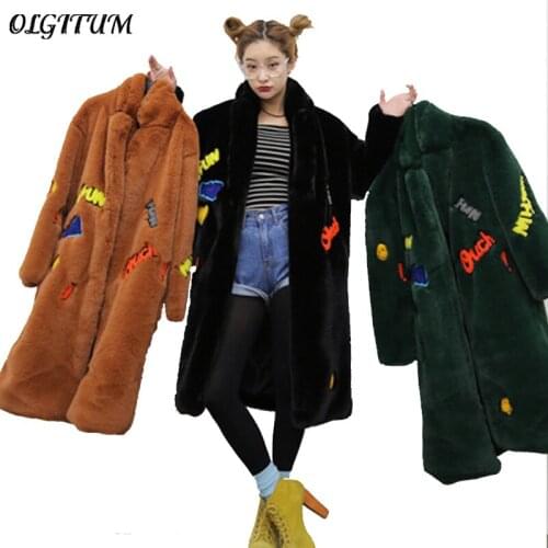 Faux Fur Coat Women 2019 New Long Winter Faux Fur Coat Fashion Long Sleeve Letter Embroidery Outwear Hip Hop Thick Faux Fur Coat