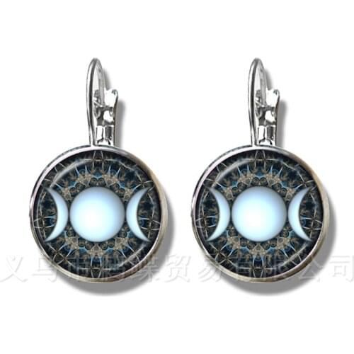 Triple Moon Goddess Earrings Wiccan Jewelry Blue Triple Moon Goddess Silver Plated Stud Earrings Charms Pentagram Best Gift