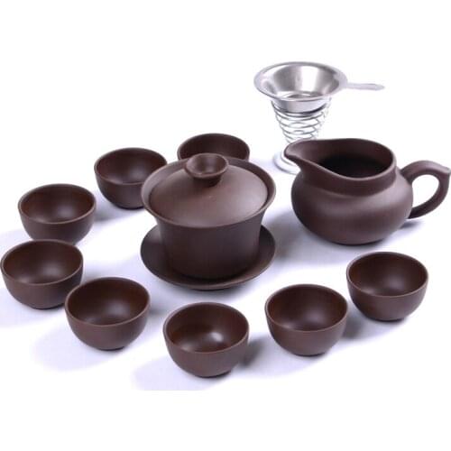 Yixing Purple sand tea set 11pc black ceramic kung fu Teapot, handmade Purple sand teapot teacup, business office good gilt
