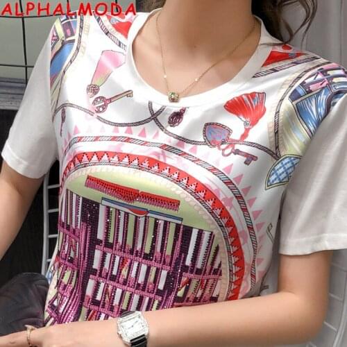 ALPHALMODA Crystal Printed Fashion Women Summer Tshirt 2020 New European Fashion Short-sleeved Ladies Stylish Tee Tops