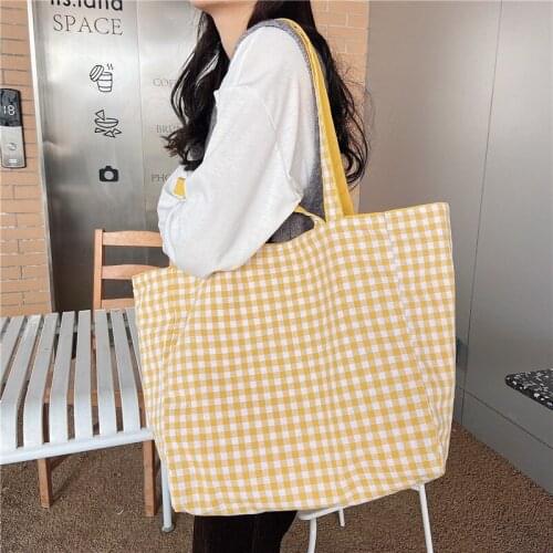 2021 Japanese style simple lattice double-sided shoulder lady cotton shopping bag student leisure dual-use big canvas tote bag