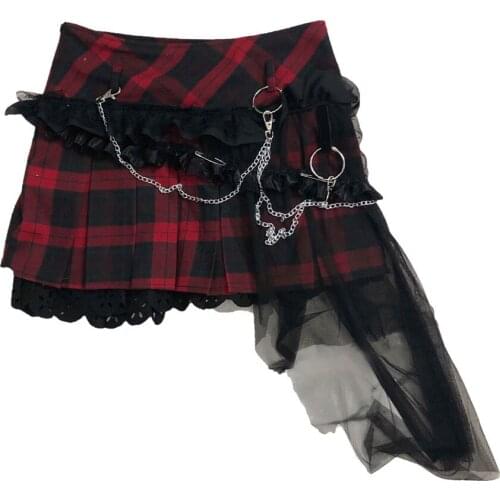 Punk Style Women Skirt Black Plaid Layered Ruffles Metal Details Assymmetrical Lolita Skirt