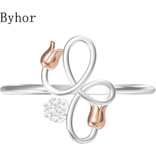 Byhor Solid 14K White+Rose Gold 0.031ct H/SI Natural Diamonds ring Women Fine Jewelry Engagement кольца Wedding Band Flower ring