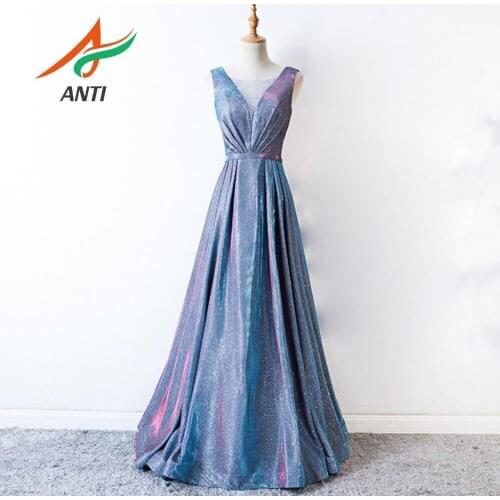 ANTI New 2019 Evening Dress Long abiye gece elbisesi Navy Blue Sequined Sleeveless Formal Party Gown robe soiree For Woman LM210