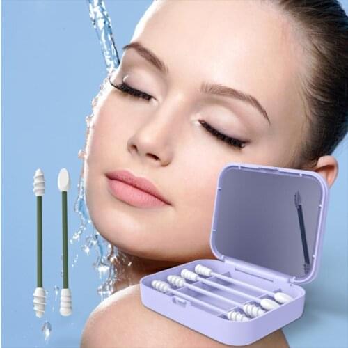 4 Pcs/box Reusable Cotton Swab Portable Silicone Swab Cleanable for Ear Cleaning Beauty Treatment Makeup
