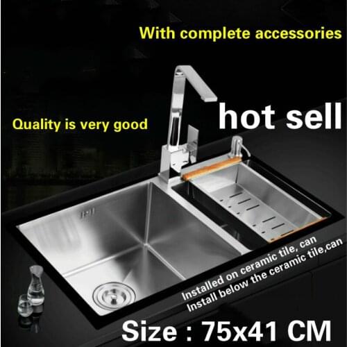 Free shipping kitchen sink fashion durable double trough 304 stainless steel hand made hot sell 75x41 CM
