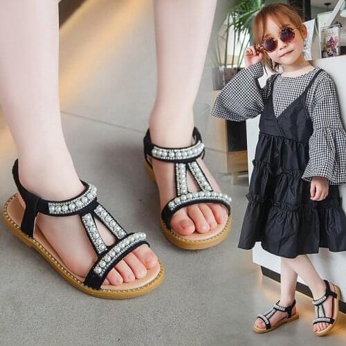 CAPSELLA KIDS Summer Shoes Baby Girls Beading Rhinestone Beach Sandals Kids Girls Princess Dress Shoes Children Non-slip Shoes