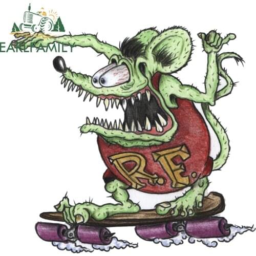 EARLFAMILY 13cm x 12.1cm for Rat Fink Cartoon Decal Funny Car Sticker Sunscreen Waterproof Windshield Air Conditioner Decoration