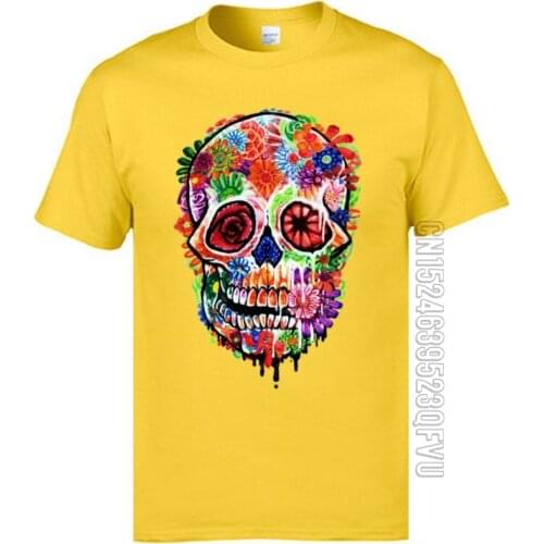 Personalized Print Skull T Shirts Day of the Dead Flower Skull Crewneck 100% Cotton Fabric T-shirts Mens Novelty T-shirts Male