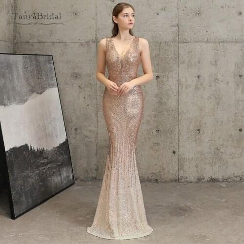 Illusion V Neck Gold Mermaid Evening Dresses Long Sequin Gradient color 2020 New Fashion Formal Women Prom Dress In Stock JQ685