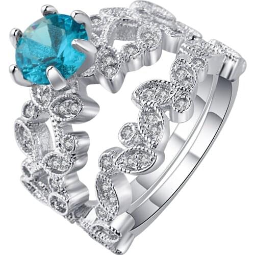 Hainon Hot Ring Set Jewelry for Women Wedding Enagegment Blue CZ Bridal Anniversary Gift Silver Color Female Finger Flower Rings