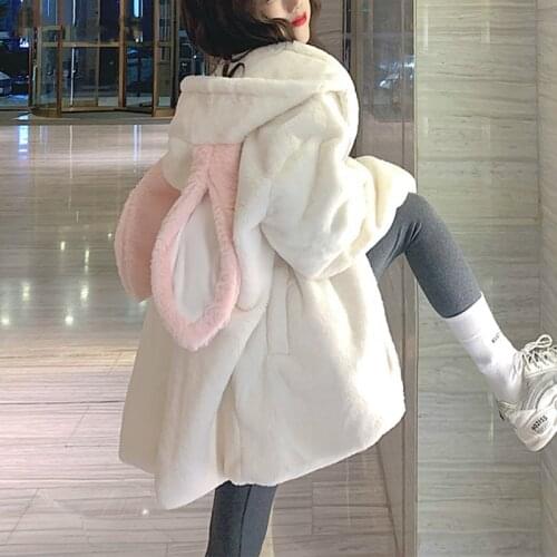 Korean Loose Warm Plush Coats Autumn Winter Gothic Harajuku Couple Hoodies Cute Rabbit Ears Black Hooded Outwear Women Sweet