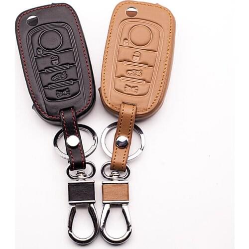 For Fiat leather key case remote key case classic black brown protect shell 4 buttons leather car remote key case starline a91