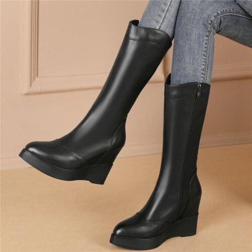 Fashion Sneakers Women Genuine Leather Wedges High Heel Mid Calf Boots Female Pointed Toe Platform Oxfords Shoes Casual Shoes