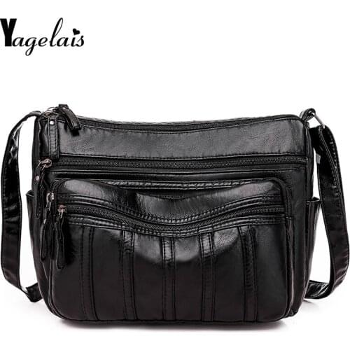Fashion Women Crossbody Bag Black Soft Washed Leather Shoulder Bag Patchwork Messenger Bag Small Flap Bag for Girls