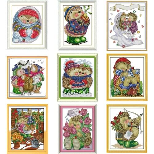 Cute hedgehog cartoon animal pattern DMC counted cross stitch set 11CT 14CT canvas print DIY embroidery kit handmade needlework