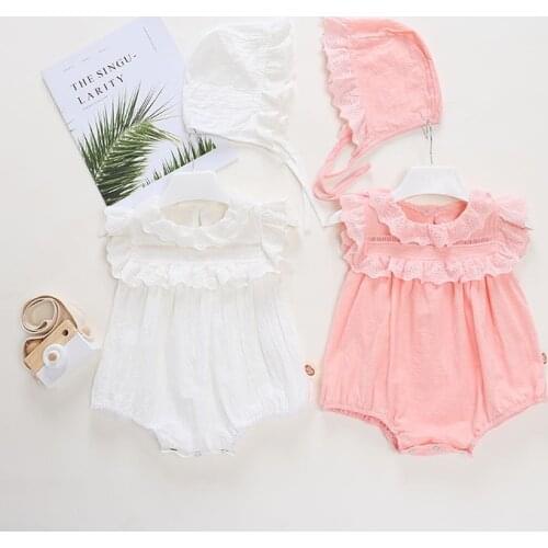 2021 NEW Baby Girls Clothes Summer Sunsuit Lace Solid Cotton Princess Rompers+Hat Brief Set Infant Outfit Girls Jumpsuit Clothes