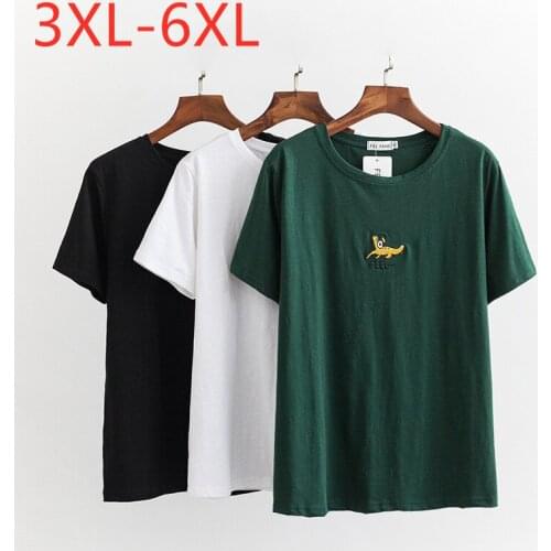 New 2021 Ladies Summer Plus Size Tops For Women Large Short Sleeve Loose Cotton Green Embroidery O-neck T-Shirt 3XL 4XL 5XL 6XL