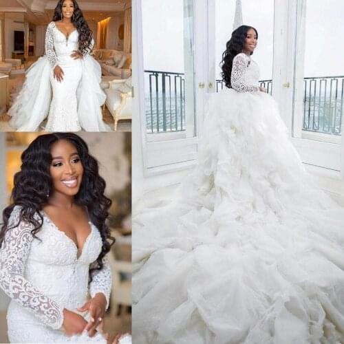 New African Black Girl Mermaid Wedding Dresses Sweetheart Lace Appliques Long Sleeves Long Detachable Train Plus Size Formal