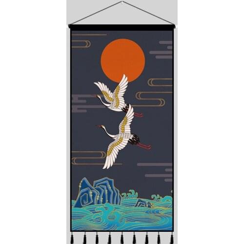 Chinese Style Landscape Canvas Painting Poster Wall Art Pictures Sunrise Crane Scroll Hanging Painting Wall Tapestry Home Decor