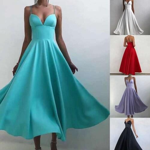 Solid Womens Summer Dress Sling Temperament Commuter Elegant Backless Deep V-Neck Midi Dress A-Line High Waist Evening Party