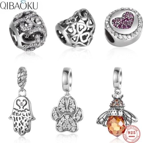 Genuine 925 Sterling Silver Dazzling Heart Shape Pet Footprint Bee Beads Jewelry Making Forever Love Charm for Women
