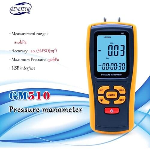 BENETECH Portable Digital manometer GM510 10 KPa Air Pressure Meter differential manometer pressure gauge LCD display
