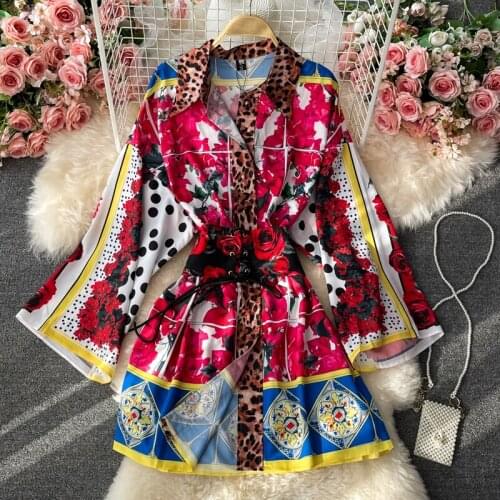 Vacation loose shirt skirt 2021 spring and autumn retro leopard print rose print lapel waist dress