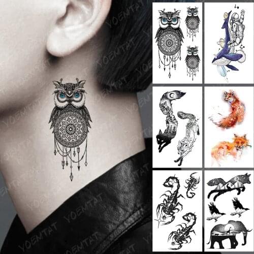 Waterproof Temporary Tattoo Sticker Round Owl Animal Blue Linear Black Tatto Neck Arm Fake Tatoo Woman Man Child Tattoos