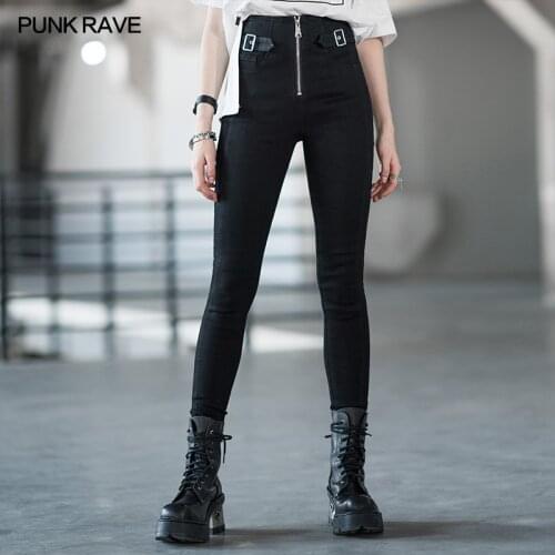 PUNK RAVE Womens Punk High Waist Denim Trousers Streetwear Cool Daily Skinny Feet Small Jeans Casual Black Pencil Pants