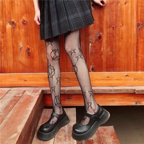 C6UD Women Girls Gothic Punk High Waist Tights Harajuku Anime Magical Five-Pointed Star Jacquard Patterned Lolita Kawaii Mesh