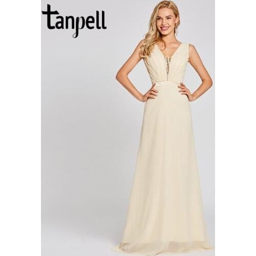 Tanpell v neck long evening dresses daffodil sleeveless sequins floor length a line gown women prom chiffon formal evening dress