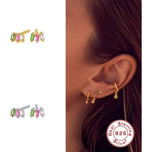 GS 925 Sterling Silver Korean Earring Rainbow Zircon Cartilage Stud Earrings For Women Gift Couple Shiny CZ Pendientes Jewelry