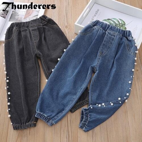 Thunderers Spring Autumn Kids Jeans For Girls Pearl Denim Children Trousers Long Pants Casual Girl Bottoms Fashion Clothes