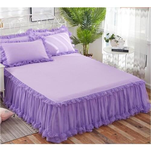 Purple Korean Rufflers Lace Bedspread Bed Skirt Pillowcases Princess Bedding Bed Cover Solid Color Bedsheet Mattress Cover