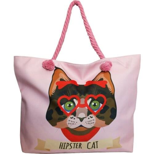 Hipster Cat Beach Shoulderbag Shopper Bag Large Pink Cat Strings Kittens Kat Glasses Pink Shoulder