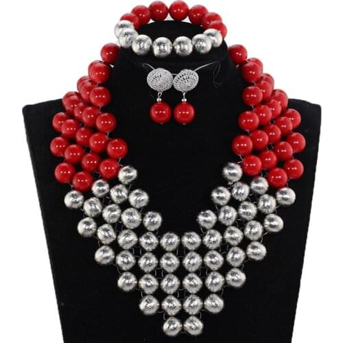 Amazing Red and Silver African Beaded Costume Jewelry Sets for Women Handmade Chunky Statement Bridal Necklace Set CNR888
